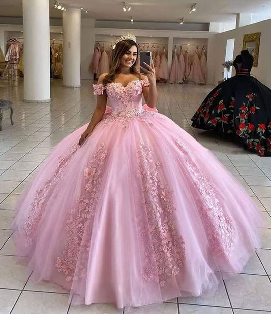Wunderschönes rosa Applikationen-Herzausschnitt-Schulterfreies Sweet 16 Quinceanera A-Linie Bodenlanges Ballkleid Geburtstagskleid Abendkleid Ballkleid DP6508