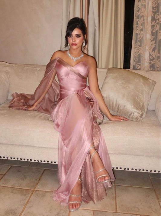 Vintage Pink Tulle Prom Dress Sheath Evening Dress Strapless Party Dress Long Formal Dress DP6869