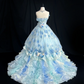 Enchanting Sky Blue Strapless 3D Floral Applique Ruffled Tulle Iridescent Fairycore Sweet 16 Quinceanera Ball Gown DP7279