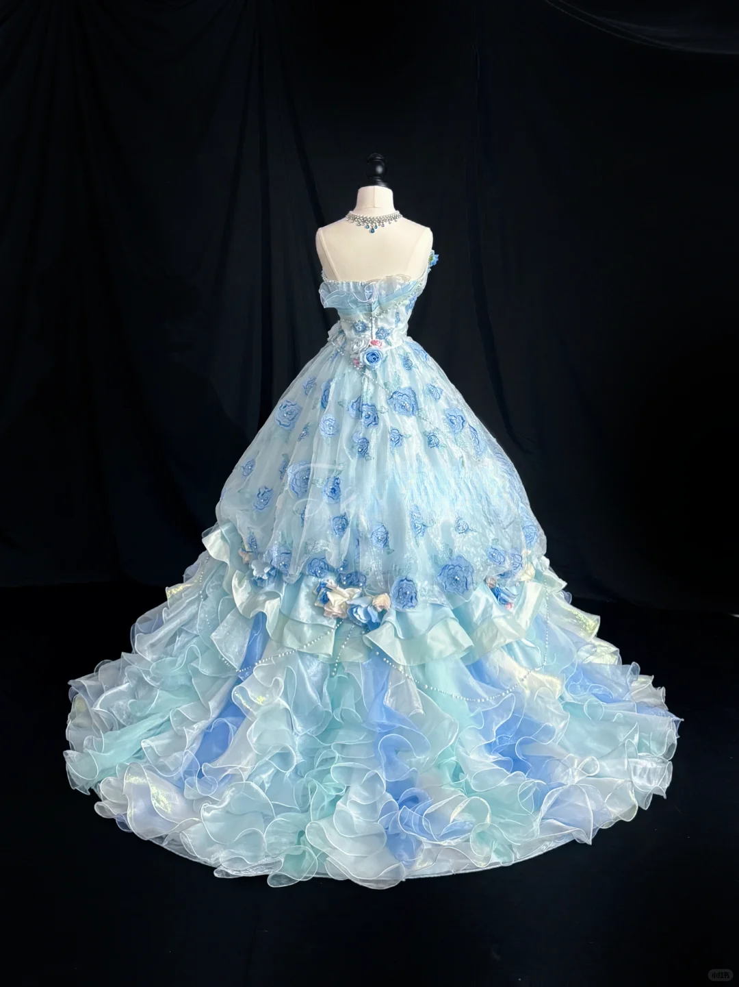 Enchanting Sky Blue Strapless 3D Floral Applique Ruffled Tulle Iridescent Fairycore Sweet 16 Quinceanera Ball Gown DP7279