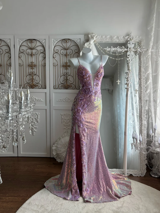 Sparkly Iridescent Pink Sequin Mermaid Evening Gown Floral Applique & Slit Prom Dress DP8298