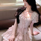 Cute Pink Floral Ruffle Tiered Homecoming Dress Square Neck Lace Mini Party Gown DP8258