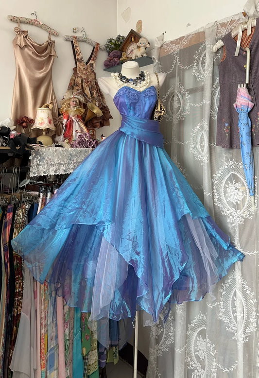 Vintage Strapless Blue Embroidered Bodice Evening Gown Layered Tulle Prom Dress DP8335