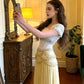 Glamorous Pale Yellow Beaded Corset Cap Sleeves Evening Gown DP8172
