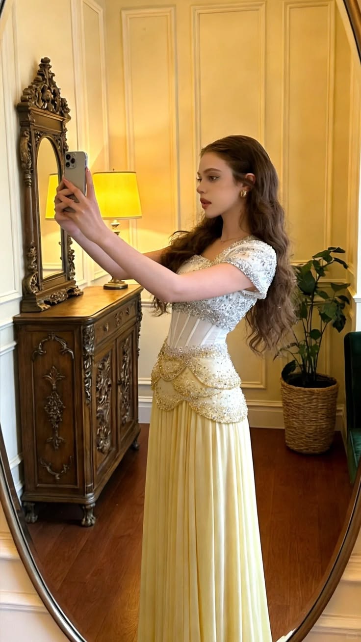 Glamorous Pale Yellow Beaded Corset Cap Sleeves Evening Gown DP8172