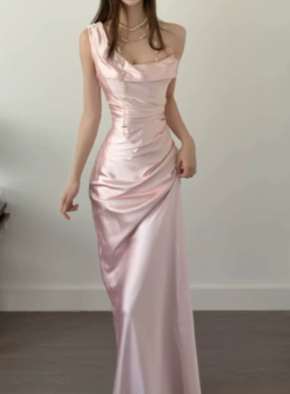 Elegant Pink Satin One-Shoulder Draped Sheath Prom Dress DP8786