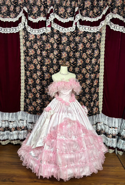 Vintage Pink Satin Tulle 3D Flowers Off-the-shoulder Sweet 16 Quinceanera A-Line Evening Dress Ball Gown DP6271