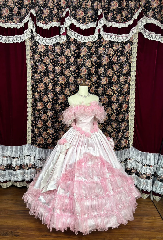 Vintage Pink Satin Tulle 3D Flowers Off-the-shoulder Sweet 16 Quinceanera A-Line Evening Dress Ball Gown DP6271