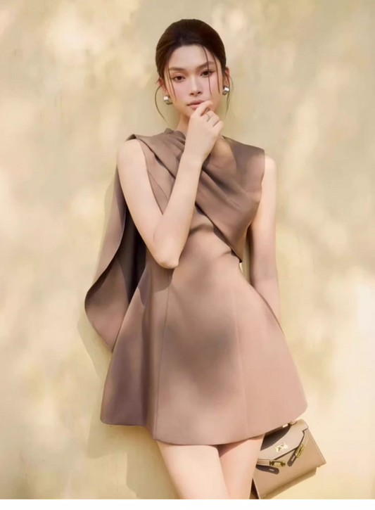 Elegant Light Brown Sleeveless Design A-line Satin Party Dress Homecoming Dress , DP5845
