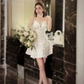 White V Neck Straps Appliques Mini Homecoming Dress Birthday Outfits, DP3126