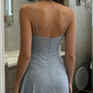 Vintage Dusty Blue Beaded Cowl Neck Spaghetti Strap Ruffle Homecoming Dress DP8681