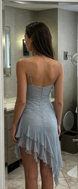 Vintage Dusty Blue Beaded Cowl Neck Spaghetti Strap Ruffle Homecoming Dress DP8681