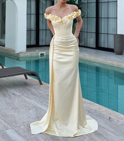 Vintage Hellgelbes Satin Off-Shoulder 3D Blumen Abiballkleid DP8431