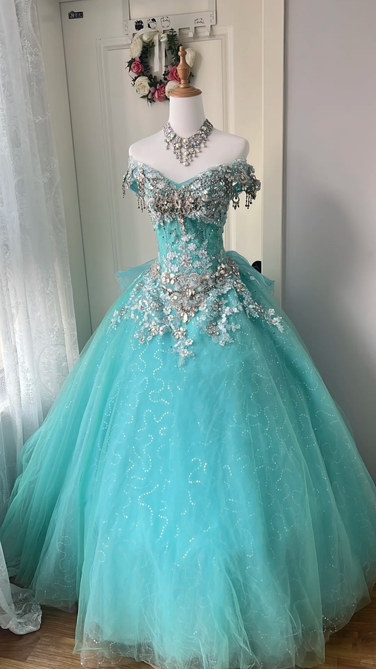 Gorgeous Sparkly Mint Green Tulle Off-the-Shoulder Beaded Sweet 16 Quinceanera Ball Gown DP7360