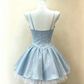 Elegant Light Blue Glitter Spaghetti Strap Beaded Sweetheart Bow A-Line Homecoming Dress DP8722