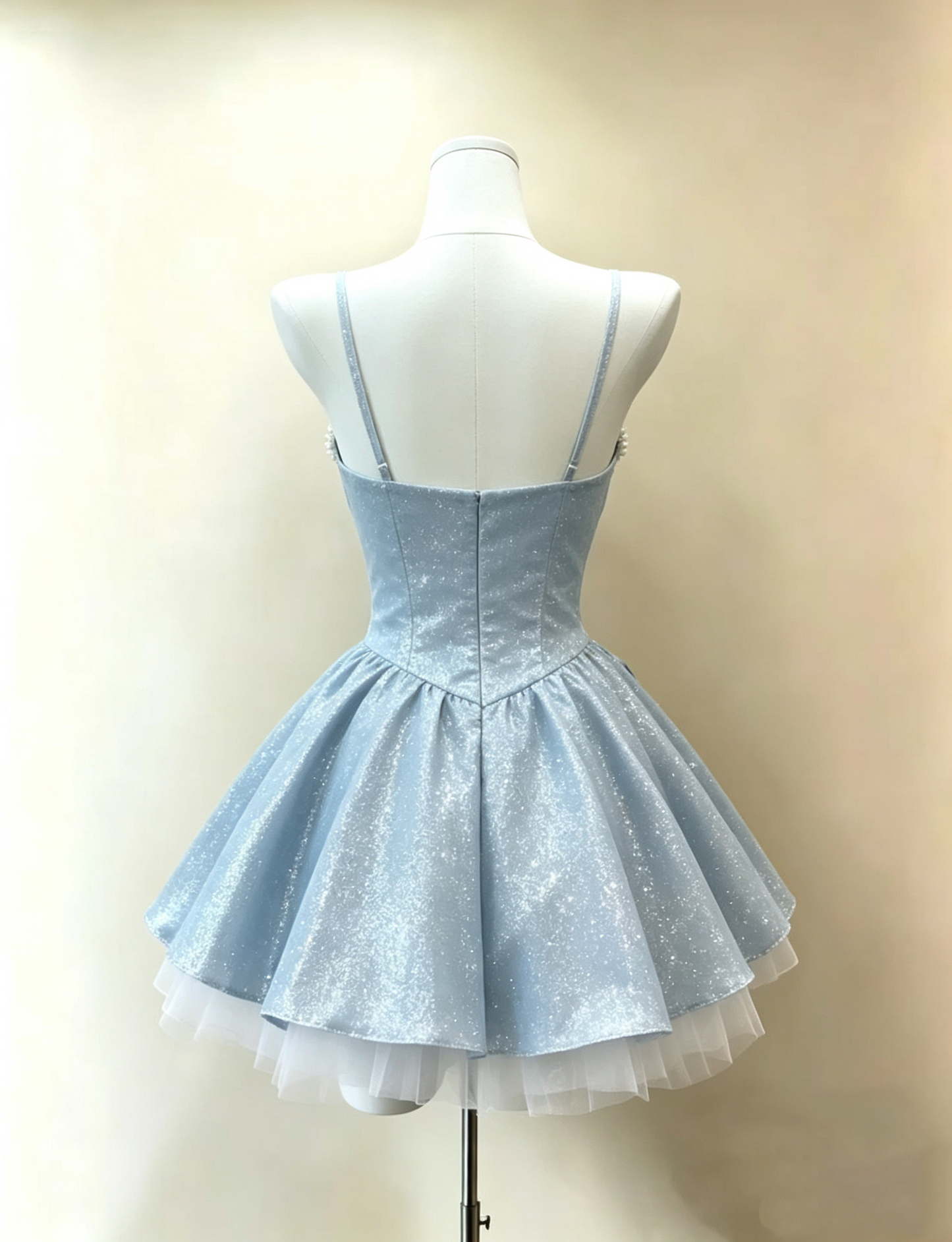 Elegant Light Blue Glitter Spaghetti Strap Beaded Sweetheart Bow A-Line Homecoming Dress DP8722