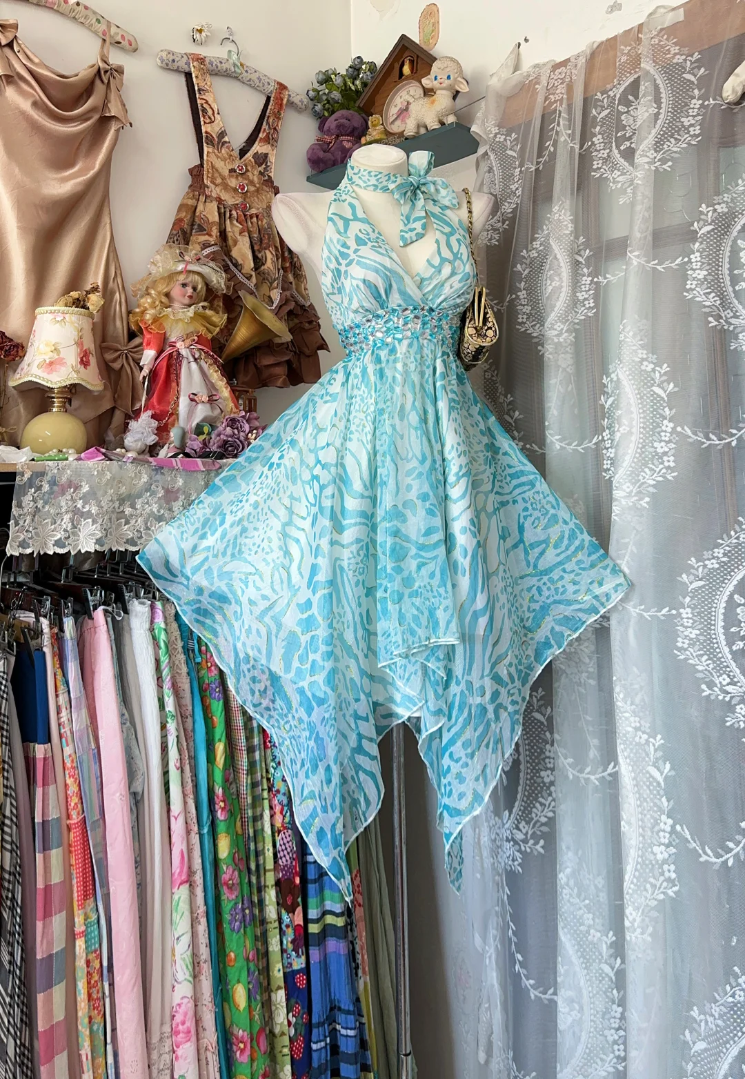 Vintage Turquoise Halter Neck Homecoming Dress Print Flowy Hem Party Gown DP8316