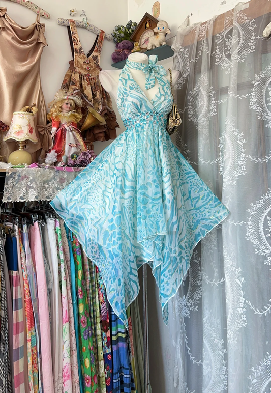 Vintage Turquoise Halter Neck Homecoming Dress Print Flowy Hem Party Gown DP8316