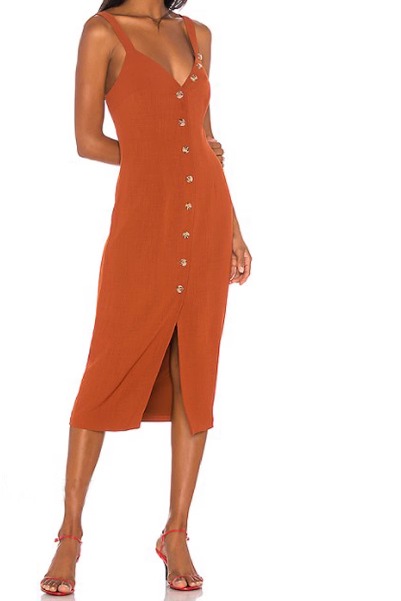 Vintage Orange Single-button V-neck Design A-line Spaghetti Strap Party Dress, DP5905