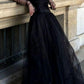 Black Off Shoulder A-Line Tulle Long Prom Dress Evening Gown, DP2946