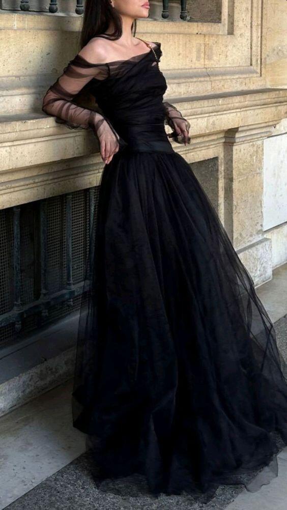 Black Off Shoulder A-Line Tulle Long Prom Dress Evening Gown, DP2946