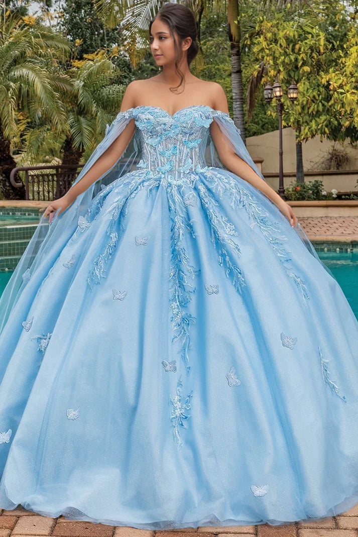 Robe de bal élégante bleu clair à épaules dénudées et décolleté en cœur orné d'appliqués DP7239