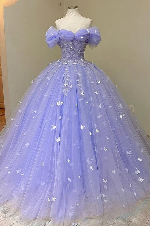 Robe de bal élégante en tulle lilas, décolleté cœur, épaules dénudées, papillon 3D, pour Sweet 15 ou Quinceañera DP7226