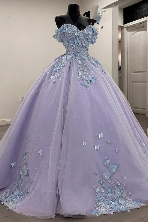 Robe de bal de quinceañera vintage lilas à épaules dénudées et décolleté en cœur, en tulle orné d'appliqués DP7229
