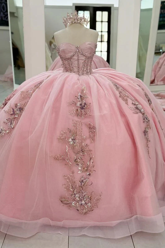 Robe de bal vintage rose en tulle, bustier en tulle, ornée de perles et d'appliqués en forme de cœur, sans bretelles, pour Quinceañera ou Sweet 15 DP7177