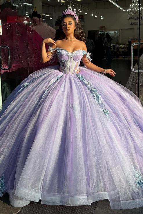 Robe de bal élégante en tulle lilas à épaules dénudées et décolleté en cœur, ornée d'appliqués, pour quinceañera DP7230