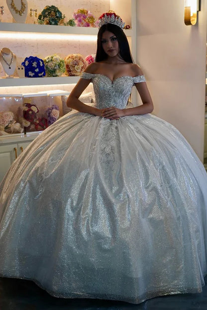 Elegant Light Blue Off-Shoulder Sweetheart Sequin Tulle Quinceanera Ball Gown DP7232