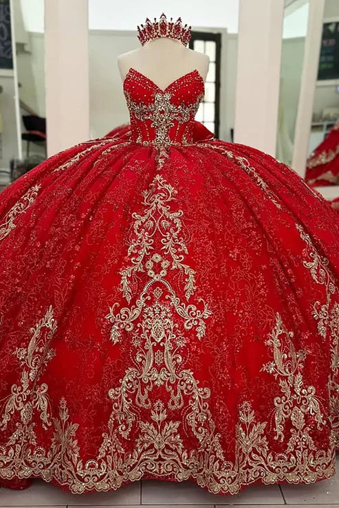 Robe de bal de quinceañera rouge élégante, bustier, col en V, broderie de perles, tulle DP7231
