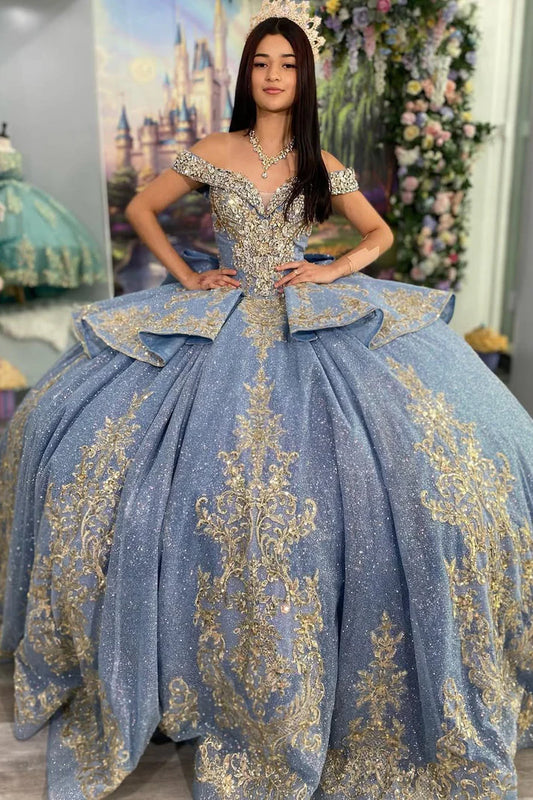 Robe de bal vintage bleue à épaules dénudées et ornée d'appliqués de perles pour Quinceañera Sweet 15 DP7178