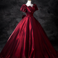 Elegant Burgundy Satin Sweet 16 Quinceanera A-Line Puffy Short-sleeved Evening Dress Floor Length Ball Gown DP6927