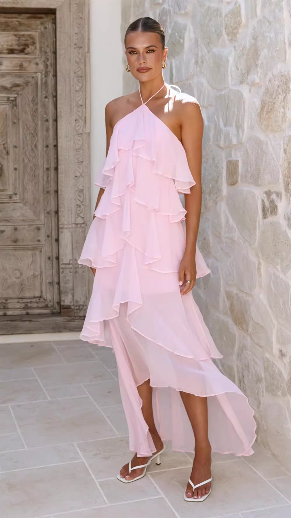 Vintage Halter-Neck Ruffle Tiered Chiffon High Low Maxi Formal Evening Dress DP8234