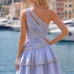 Elegant Light Blue Satin One-Shoulder Mini Ruched Bodice Beaded Tiered A-Line Homecoming Dress DP8728