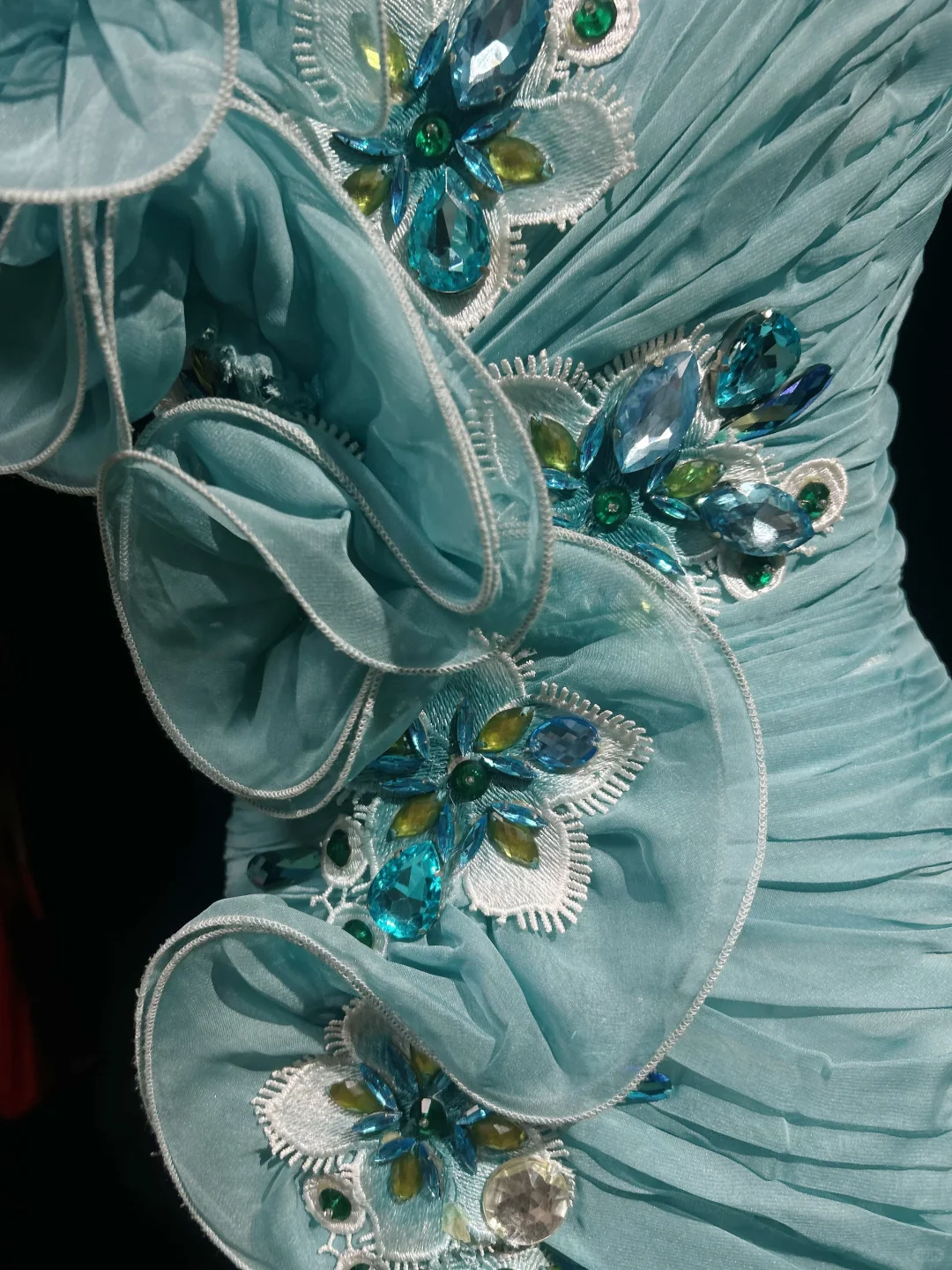 Glamorous Turquoise Strapless Mermaid Evening Gown with 3D Floral Applique Sequin Lace Train Prom Dress DP7288