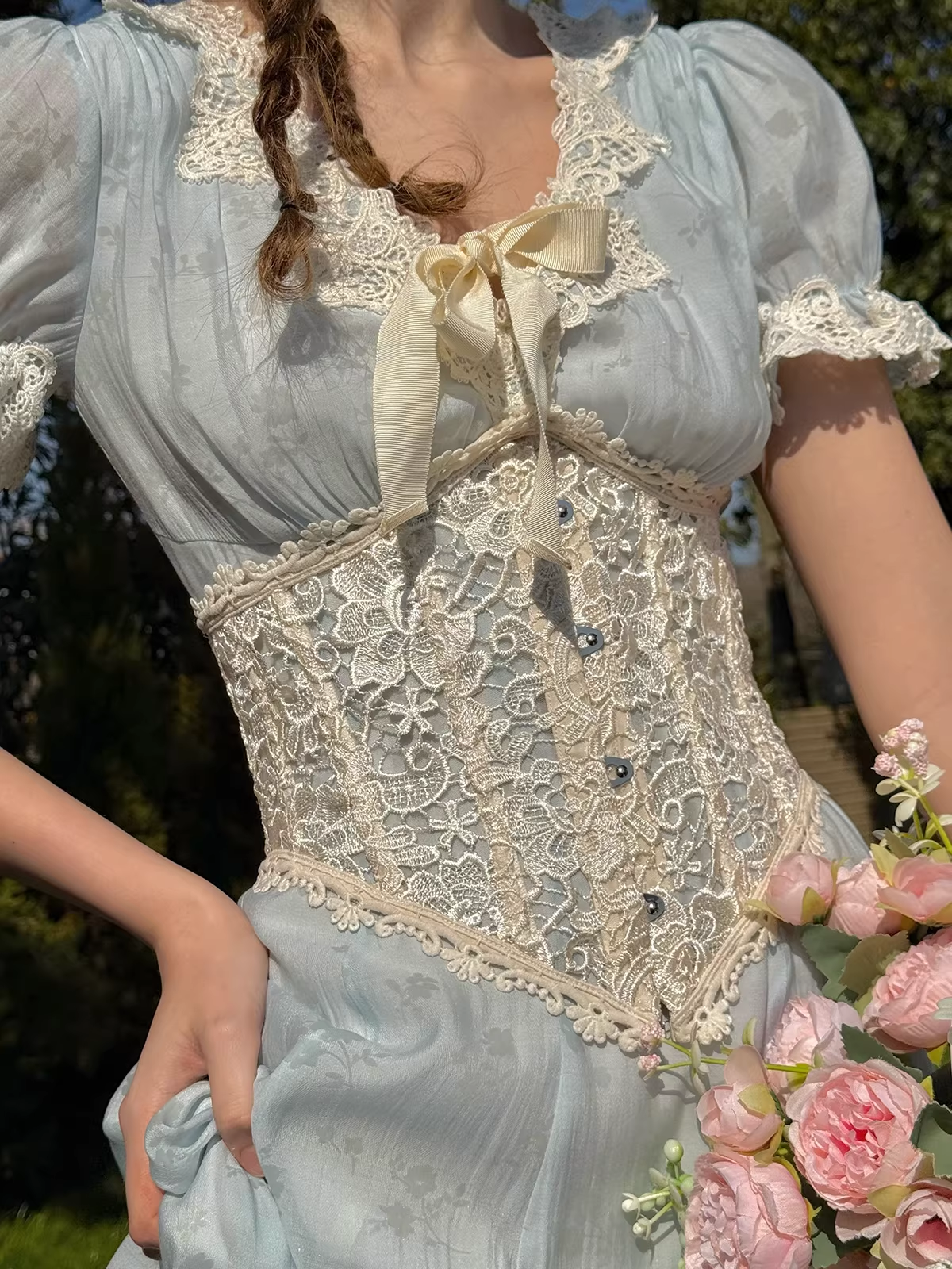 Vintage Blue Floral V-Neck Puff Sleeve Light Evening Gown DP8005