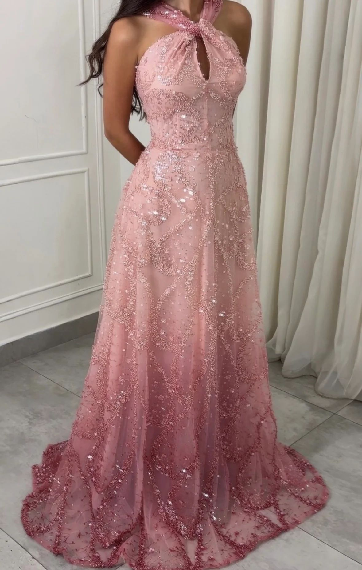 Vintage Pink Halter Neck Sequin A-Line Evening Gown DP7983