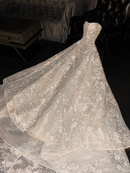 Glamorous Strapless Champagne Lace Sparkling Beaded Flowing Train Wedding Dress DP7307