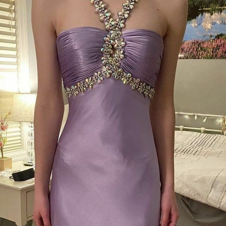 Elegant Purple Beading Satin Long Prom Dress Birthday Outfits, DP3779