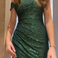 Green Off Shoulder Sequins Sheath Long Formal Party Dress with Split DP3836