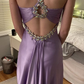 Elegant Purple Beading Satin Long Prom Dress Birthday Outfits, DP3779