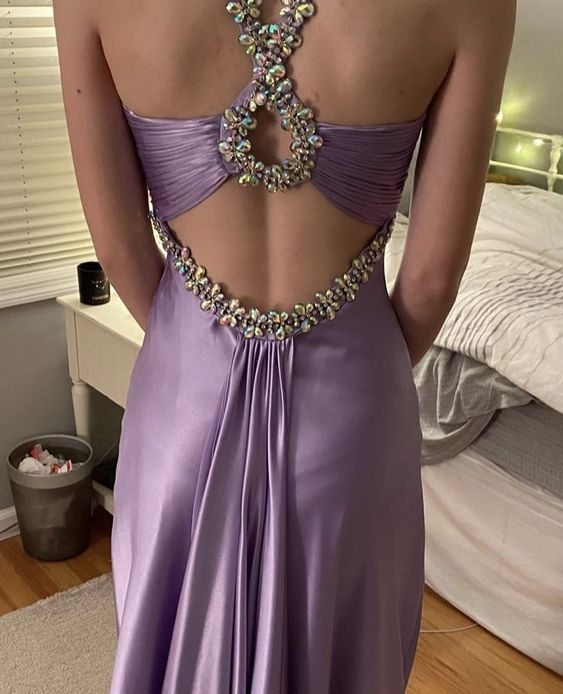 Elegant Purple Beading Satin Long Prom Dress Birthday Outfits, DP3779