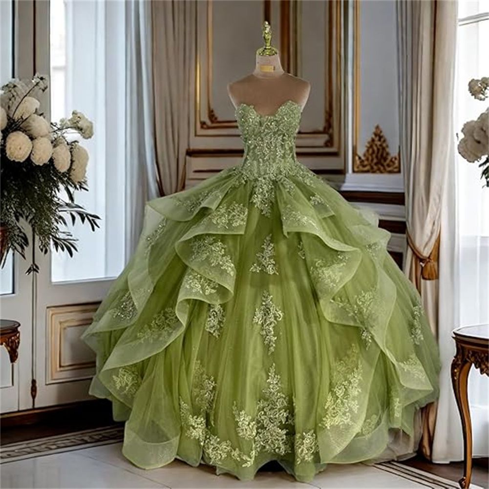 Robe de bal de quinceañera glamour vert clair à appliques florales, en tulle à sequins, bustier, coupe trapèze, DP7152