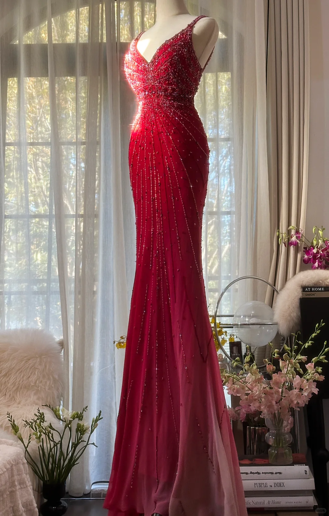Retro Red V-neck Sparkling Beaded Mermaid Chiffon Ball Gown Evening Dress Prom Dress, DP5976