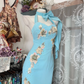 Vintage Light Blue Halter-Neck Maxi Prom Dress Lace Appliques & Bow Evening Gown DP8330