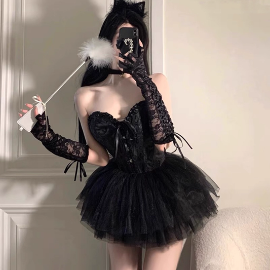 Gothic Lace Spaghetti Strap A-Line Sweetheart Short Lace-up Halloween Costume DP6815