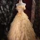Magnifique robe de bal jaune pâle sans bretelles avec nœud à volants pour Sweet 15 Quinceañera DP7404