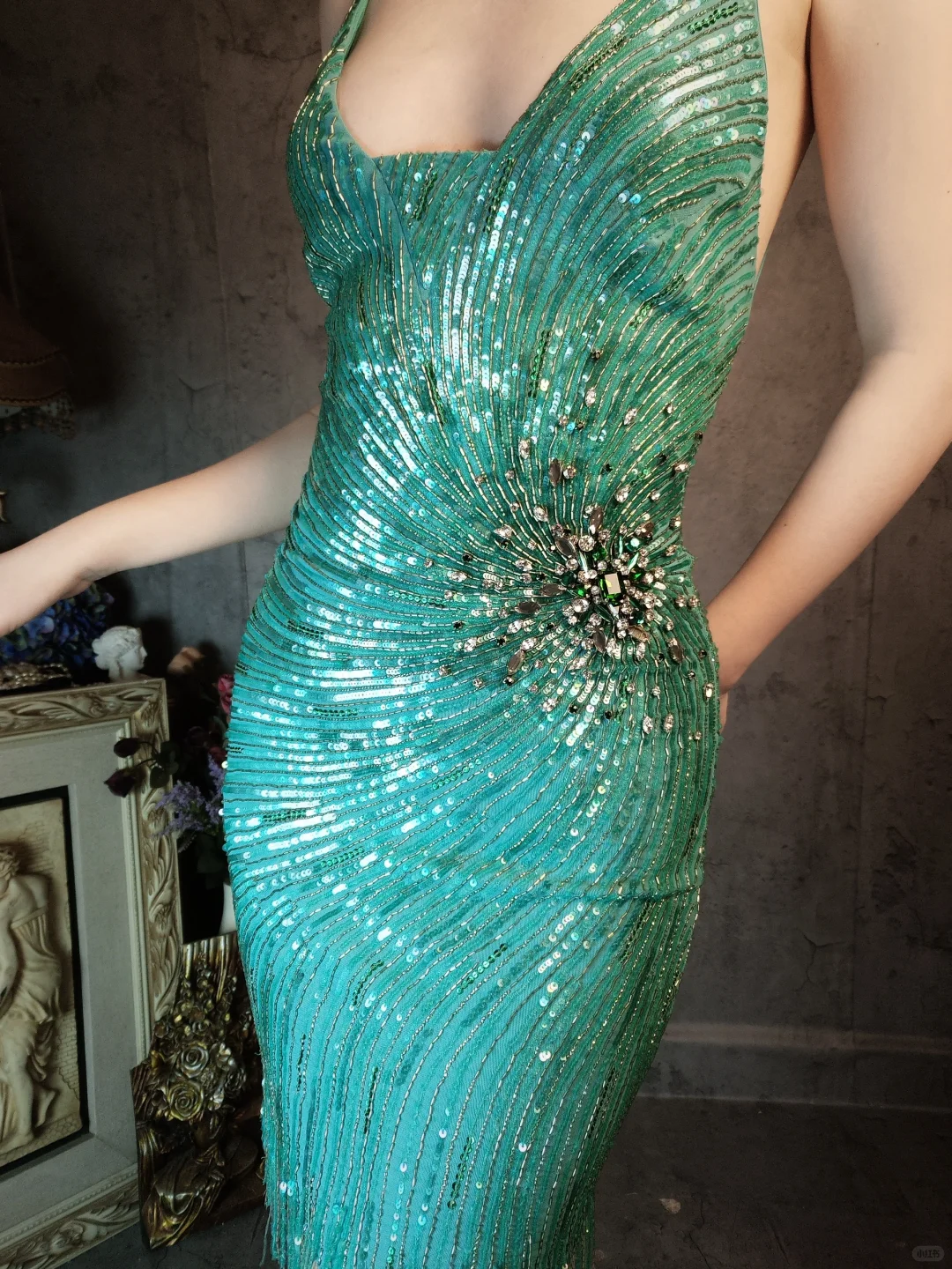 Vintage Blue-green Spaghetti Strap Sparkling Beaded Tassel Design Sheath Short Homecoming Dress DP6055